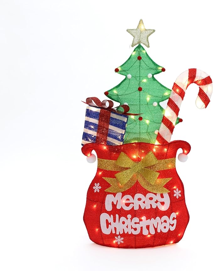 LuxenHome 3.5FT Lighted Christmas Outdoor Decorations, Colorful Santa's Gift Bag Indoor & Outdoor Holiday Yard Decor with 60 LED Lights, Plug-in Xmas Ornament for Holiday, Porch, Lawn, Garden Display