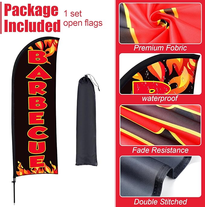 Buryeah BBQ Sign Banner Set Including 1 Pack Barbecue Feather Flag Banner 3 Pack Double Sided Directional Arrow Barbecue Yard Signs with Metal Stake for Business Advertising Outdoor Ground(Black)