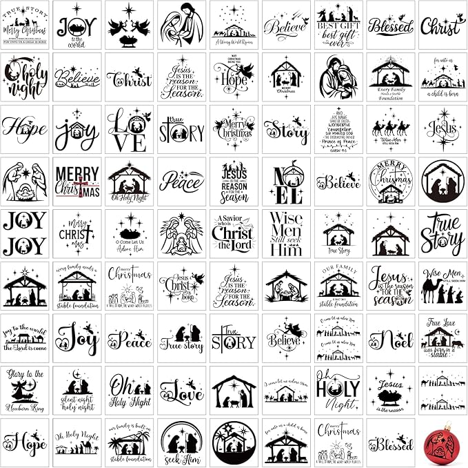 80Pcs Christmas Nativity Decals for Crafts Vinyl Christmas Word Stickers for Glass Jars Nativity Stickers Mason Jar Decals for Ornaments Ball Glass Cup Bottle Decoration(joy3in80)