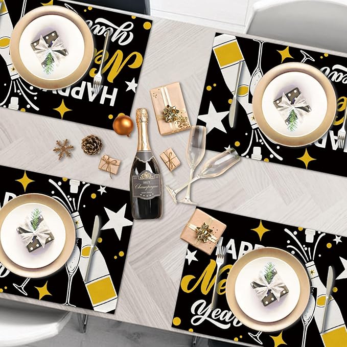 Seliem Happy New Year 2026 Black Gold Placemats Set of 4, Golden Champagne Stars Celebration Dining Table Place Mats, Christmas Kitchen Decor Home Decoration 12 x 18 Inch