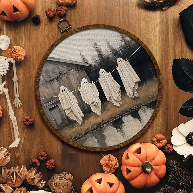 Funny Halloween Ghost Round Wall Art,Gothic Canvas Wall Hanging Decor, Spooky Farmhouse Vintage Round Wall Art for Bedroom Living Room Entryway, Rustic Ghost Gothic Wall Decor,Gift for Halloween10x10Inch(Dark-Ghost04)