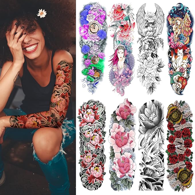 Aresvns Full Arm Temporary Tattoo for Women Teen Girls and Kids (L19“xW7”) Sleeve Tattoo Flowers,Waterproof Realistic Fake Tattoo for BBQ Pool Beach Party