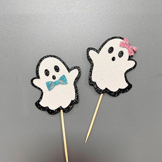 24 Pcs Halloween Ghost Cupcake Toppers, Boy and Girl Gender Reveal Cupcake Picks, Pink Blue Halloween Cake Topper Halloween Baby Shower Party Decorations for Halloween Birthday Party Decor (B/G-0)