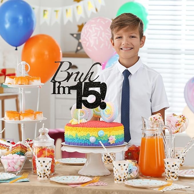 Bruh I'm 15 Cake Topper - Black Glitter Happy 15th Birthday Decorations for Boys Teens, Funny 15 Year Old Party Supplies, Bro I'm 15 Cake Decor (Bruh I'm 15!, 15th black)