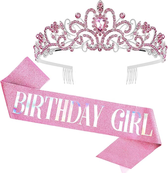 VELSCRUN Birthday Tiara & Crown Set - Princess Sash, Happy Birthday Girl Tiara, Party Decorations & Gifts