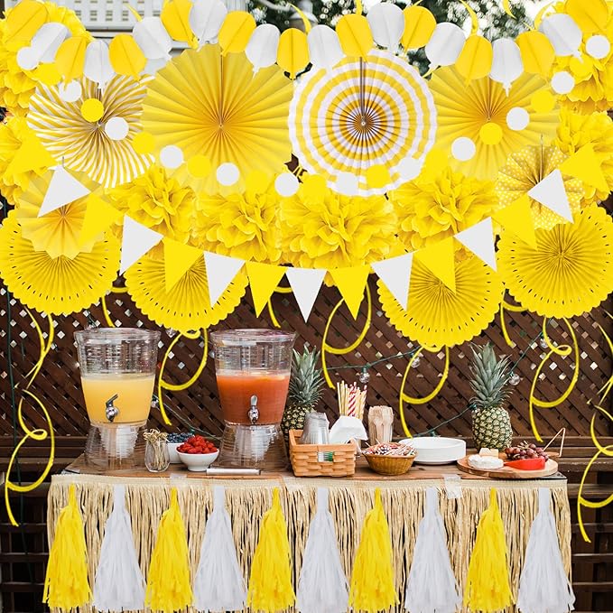 ZERODECO Party Decorations, 41 Pcs Yellow Papar Fans Pompoms Garlands String Tissue Paper Tassel for Graduation Congrats Grad New Years Spring Festival Wedding Birthday Party