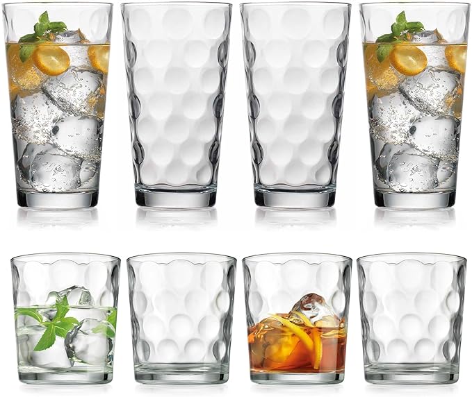 Home Essentials & Beyond Glassware Drinking Glasses Set Of 8 4 Highball (17 oz.) Kitchen Glasses | 4 (13 oz.) Rocks Glass Cups for Water, Juice and Cocktails.