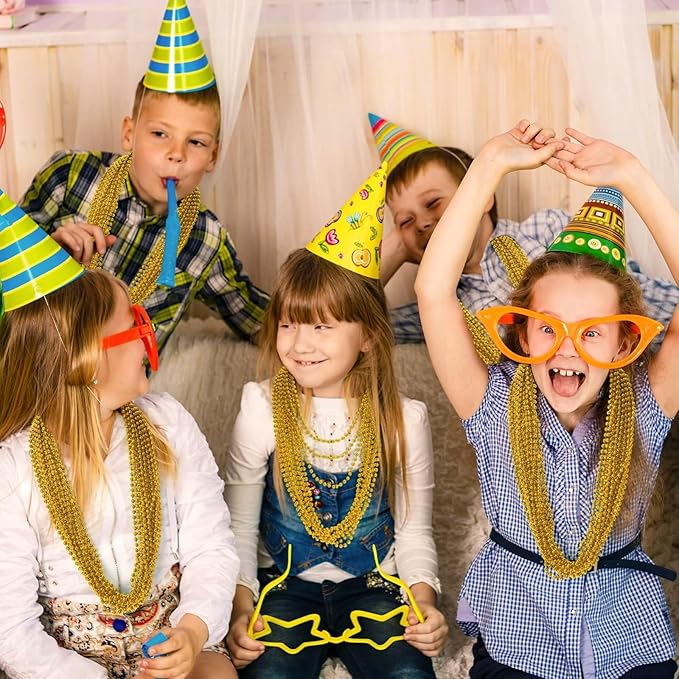 12PCS Mardi Gras Beads, Gold Beaded Necklace Stuff Set, 33" Mardi Gras Christmas Beads Necklace Costume Bulk, Festival Parade Throw Accessory Sets for Mardi Gras St Patricks Day Celebrations