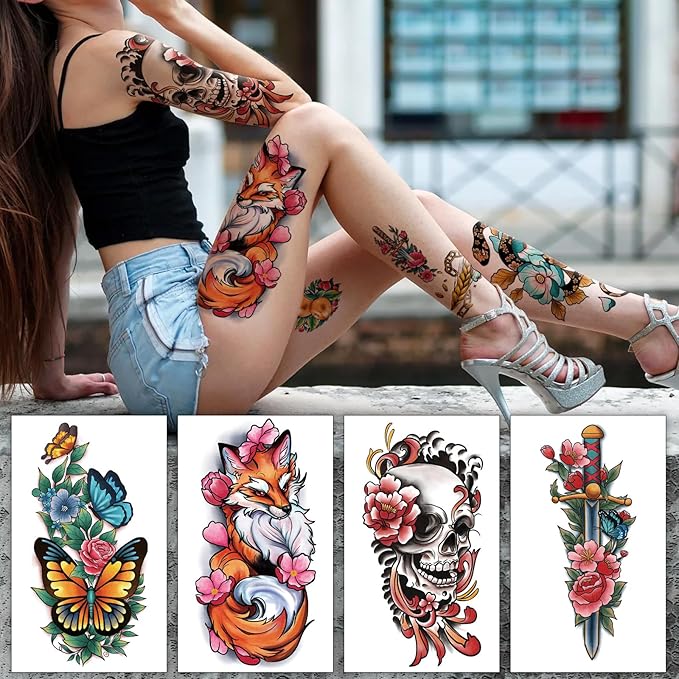 77 Sheets Temporary Tattoo for Women Men, 17 Sheets Half Arm Skull Fox Tiger Cat Parrot Snake Fake Tattoos, 60 Sheets Vintage Traditional Tiny for Adult Kids Body Tattoos Stickers Waterproof Realistic