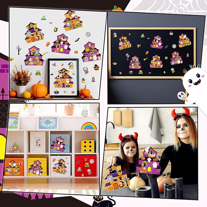 CY2SIDE Halloween Haunted House Stickers Scene - 12 Set Make A Haunted House Sticker Scene Craft Kits for Kid Make Your Own Halloween House Scene with Witch Sticker DIY Halloween Craft Class Activity