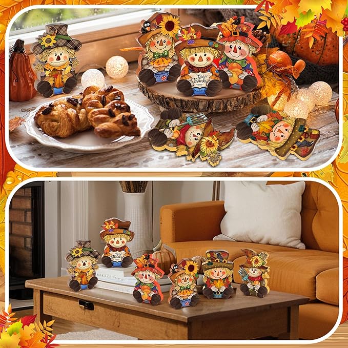 6 Pcs Thanksgiving Scarecrow Decorations Fall Wooden Scarecrow Table Centerpieces Autumn Standing Wooden Block Signs for Home Kitchen Tabletop Thanksgiving Tiered Tray Decor