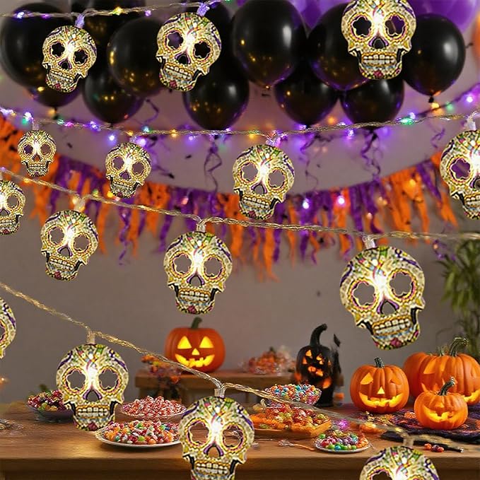 Halloween String Lights,15FT 30 LED Fairy Decor Lights USB & Battery Operated (Not Included) Cute Skull String Lights 2 Modes Waterproof Fall Light Decoration for 2025 Indoor Outdoor Home Party Garden