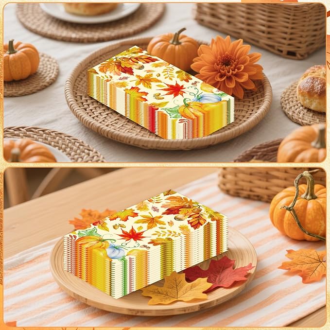 100 Pack Fall Paper Napkins, Autumn Maple Leaves Pumpkin Dinner Party Napkins Disposable Guest Paper Hand Towels Party Supplies for Fall Thanksgiving Harvest Home Dinner Table Bathroom