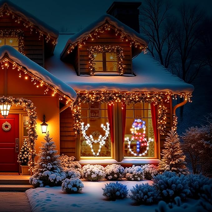 Christmas Window Silhouette LED Lights Decorations 16", Pack of 2 Sign Lighted Snow Man and deer head 16"Plug-in Christmas Window Lights with 50 Bulbs for Holiday Indoor Wall Door Glass Decor