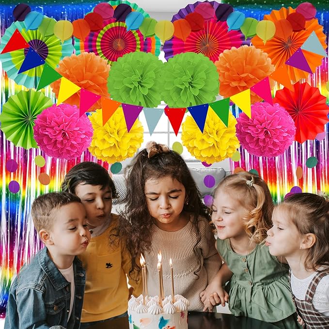 ZERODECO Fiesta Paper Fan Party Decorations Set, Multicolor Cinco De Mayo Pom Poms Pennant Garland String Banner Fringe Curtains Mexican Coco Carnivals Festivals Party Supplies