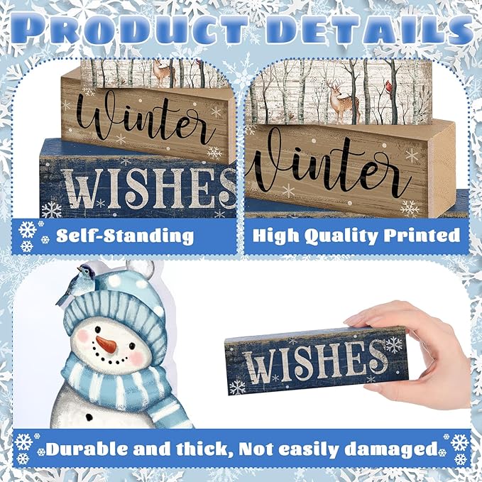 4 Pcs Snowman Christmas Decor Wooden Snowman Blue and White Winter Tiered Tray Decor Christmas Table Centerpiece Wooden Rustic Winter Block Sign Farmhouse for Home Kitchen Shelf Gift