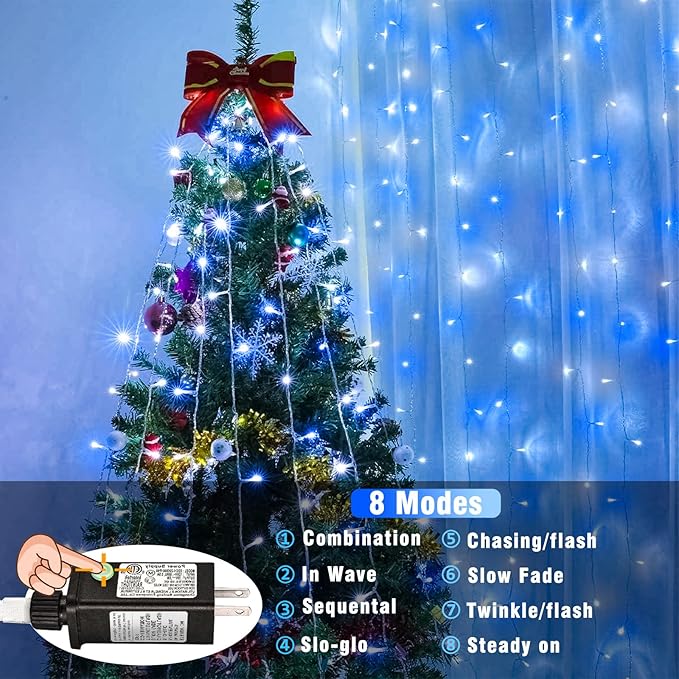 Vivideal 200 LED Christmas Lights Outdoor, 66ft Christmas String Lights 8 Modes Plug in Waterproof Fairy Lights with Timer Memory for Indoor Outside Bedroom Home Party Decoration, Blue&White