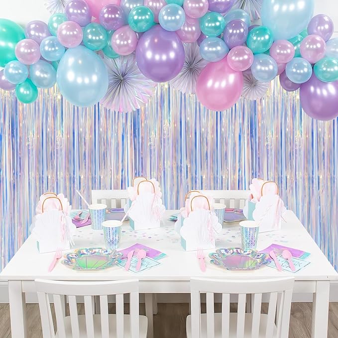 Iridescent Party Backdrop 3Packs Transparent Tinsel Foil Fringe Curtain for Frozen Mermaid Sea Birthday Party Decorations, 3.3x8.2ft Streamers Backdrops