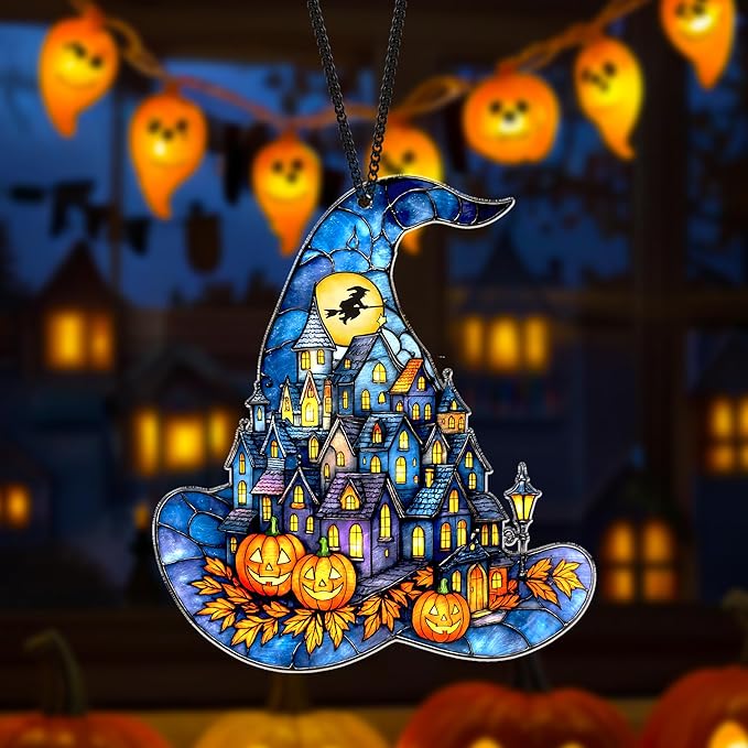 Witch Hat Suncatcher for Window Hanging, Gothic Halloween Decoration, Spooky Town Pumpkin Acrylic Ornament, Jack-o’-Lantern Fantasy Decor, Autumn Halloween Christmas Witchy Gifts for Women, Friends