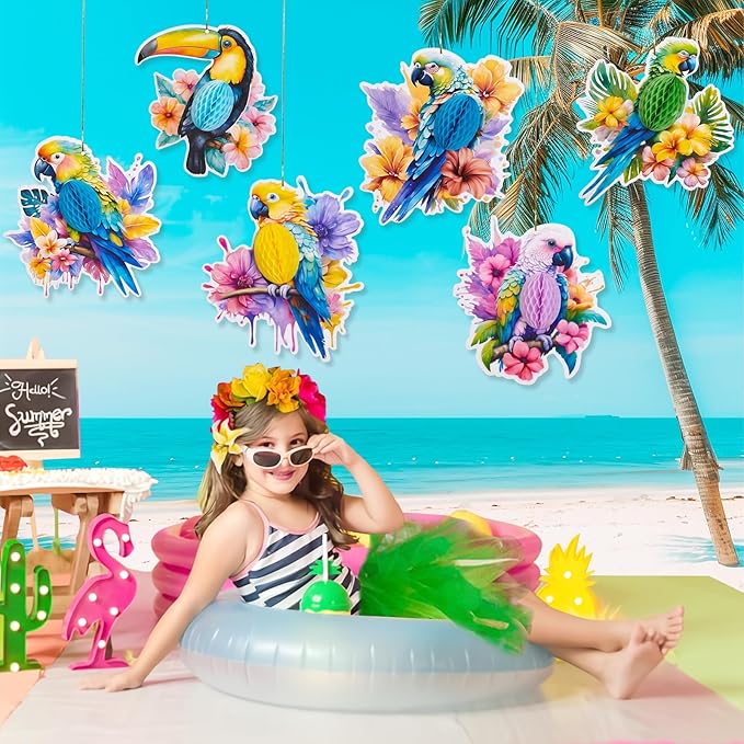 Tropical Birds Honeycomb Decorations, Parrot Honeycomb, Birds Hanging Decorations for Jungle Hawaiian Summer Beach Luau Party
