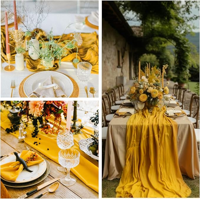 6 Pack Gold Cheesecloth Table Runner 10FT Boho Gauze Fabric Table Runner 35 x 120 Inch Rustic Sheer Runner for Fall Centerpiece Wedding Birthday Baby Shower Party Boho Table Decoration