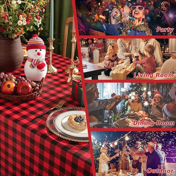 Vinyl Christmas Tablecloth Buffalo Plaid Rectangle 60 x 102 Inch with Flannel Backing, Water & Stain Proof Plastic Tables Cloths, PVC Table Cover for Winter Holiday, Buffet Party, Red and Black