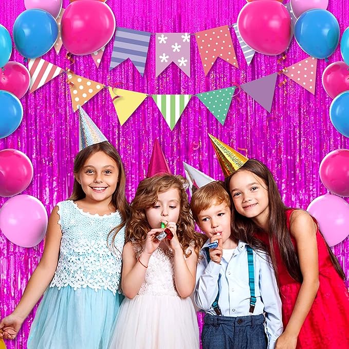 6 Pack Fuchsia Foil Fringe Curtains Backdrop, 3.28 x 8.2 Ft Metallic Streamers Tinsel Curtains Background for Photo Booth, Birthday, Christmas, Halloween, Thanksgiving, New Year Party Decorations