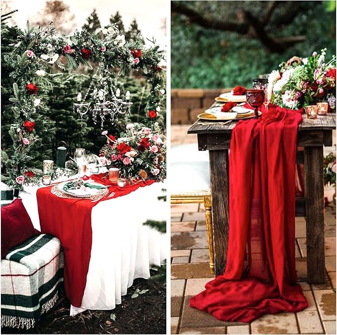 12 Pack Christmas Table Runner Red Cheesecloth Table Runner 10FT Boho Gauze Fabric 35 x 120 Inch Rustic Sheer Runner for Centerpiece Wedding Decor Baby Shower Party Holiday Decoration