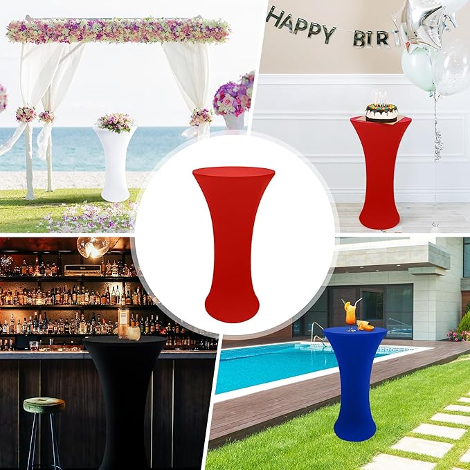 2PCS 24x43 Inch Round Fitted Cocktail Table Cover Red Spandex Cocktail Table Cloth Highboy Fitted Tablecloth High Top Table Cloths for Party Pub Banquet Bistro