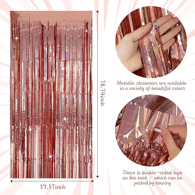 Tinsel Curtain Party Backdrop Rose Gold Birthday Decorations 10 Packs Glitter Foil Fringe Curtain Party Decor Streamers Photo Booth for Birthday Christmas Wedding Halloween Graduation Decoration