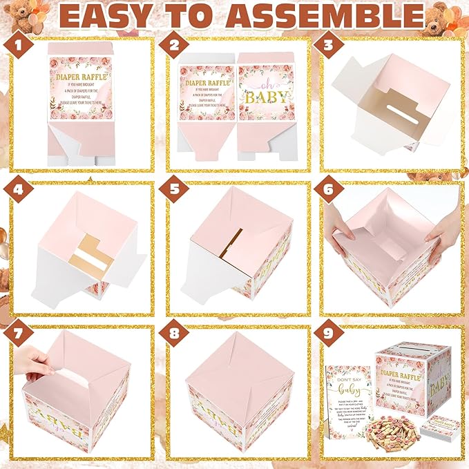 102 Pcs Floral Baby Shower Game Supplies Diaper Raffle Tickets with Diaper Raffle Card Box Don't Say Baby Sign Mini Floral Clothespin Game Decor for Gender Reveal Favor