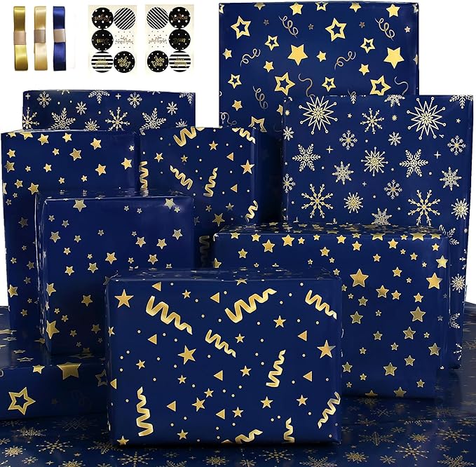 Wrapping Paper Flat Sheets, Blue Gift Wrapping Paper Set with Sticker Ribbon, Men Gift Wrap Birthday Wrapping Paper with Navy Blue and Gold Stripes Star Design, for Men Boy, for Birthday, Hanukkah,