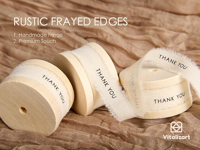 Vitalizart Thank You Cotton Ribbon 5/8 Inch Natural Handmade Frayed Fringe Ribbons 15 Yd for Thanksgiving Day Gift Wrapping Crafts Flower Bouquets Decor