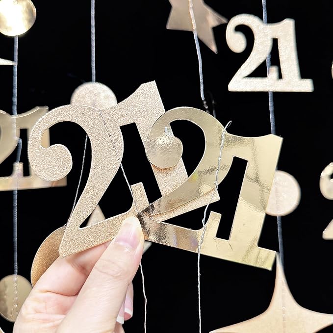 Champagne Gold 21st Birthday Decorations Number 21 Circle Dot Star Garland Metallic Streamer Banner Backdrop for Girls Boys Cheers to 21 Years Finally Legal Bday Happy 21st Anniversary Party Supplies