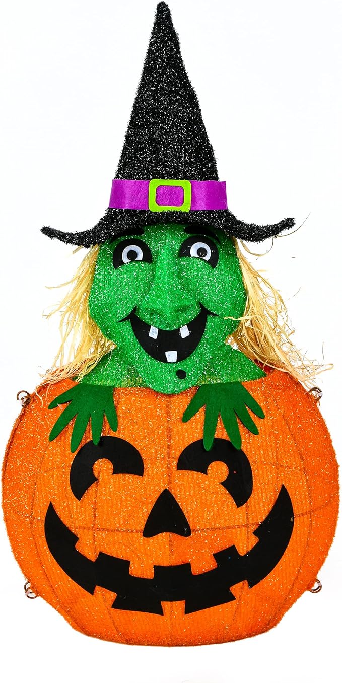 National Tree Company Pre Lit Lighted Sign Decoration, Orange, Pumpkin and Witch, LED Lights, Halloween Collection, 28 Inches