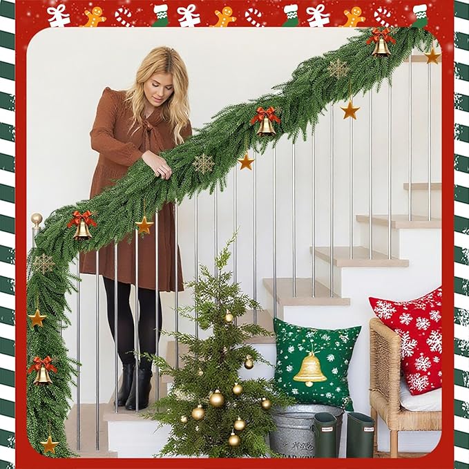 9 Ft Norfolk Pine Garlands,Artificial Christmas Real Touch Greenery Garland Realistic Faux for Mantle,Table,Sairs,Wall, Indoor,Outdoor Holiday Christmas Decorations Xmas-Green