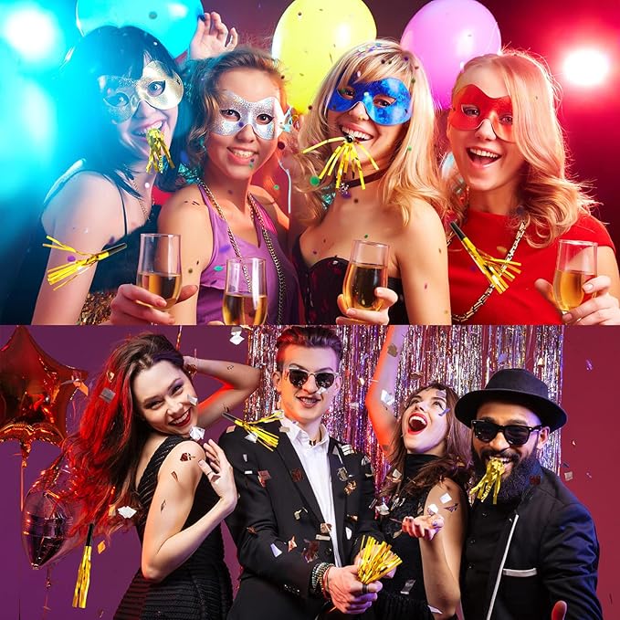 200 Pcs Party Blowers Noise Makers Horns Blowout Clappers Noisemakers for Halloween Christmas Birthday Sporting New Year's Eve Party Supplies 2026(Black Gold)