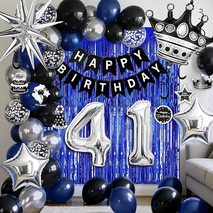 41st Birthday Decorations for Men and Women, Black Blue Silver Happy Birthday Number 41 Balloons, Banner, Fringe Curtains Garland Kit - 41 Year Old Party Supplies