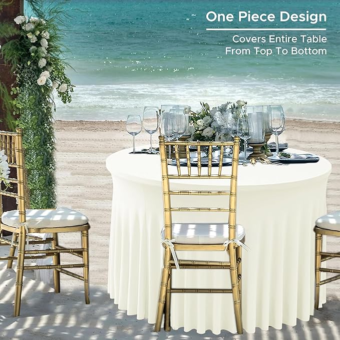 HolidayIdeas 60 Inch Beige Spandex Round Table Skirts,Fitted Stretch Tablecloths for Round 5 ft Table, Wrinkle-Free Ruffle Design Tablecloths for Banquets,Wedding,Trade Shows, Parties, Events, 6 Pcs