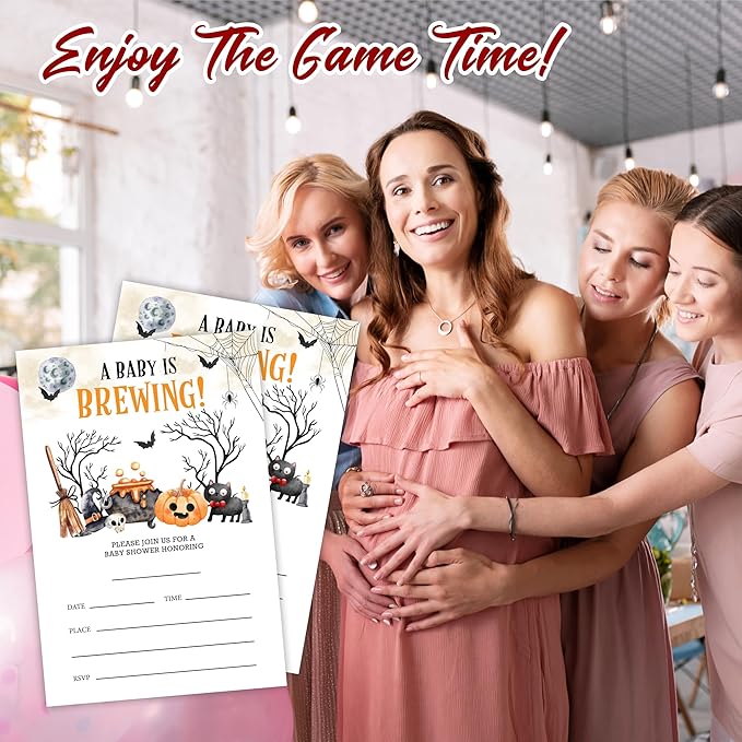 25 Halloween Baby Shower Invitation Cards, A Baby Is Brewing, Watercolor Pumpkin & Boo Baby Shower Invites With Envelopes, Gender Reveal, Baby Announcement Party Favor & Supplies (A10)