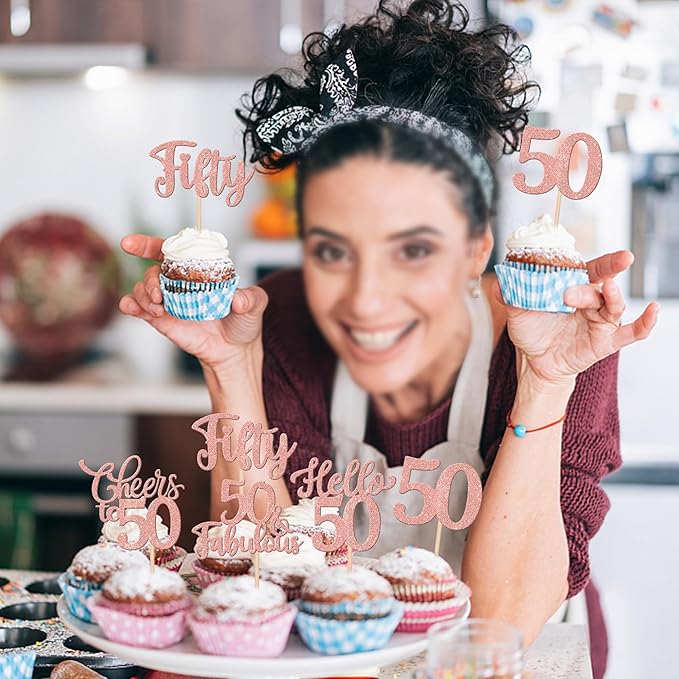 30PCS Happy 50th Birthday Cupcake Toppers Glitter Hello 50 Fabulous Fifty Cheers to 50 Years Old Birthday Cupcake Picks for Happy 50th Birthday Anniversary Party Cake Decorations Supplies Rose Gold