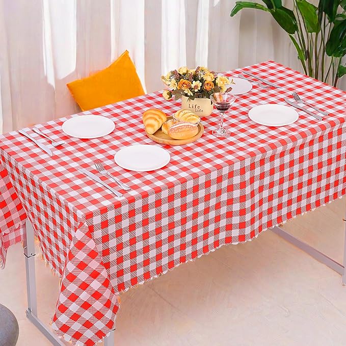 6 Pack Red and White Checkered Tablecloth, 54 X 108Inch Plastic Red Gingham Table Cloth Disposable Spring Picnic Tablecloth Waterproof Red Checkered Table Cover for BBQ Picnic Barbecue Birthday Party
