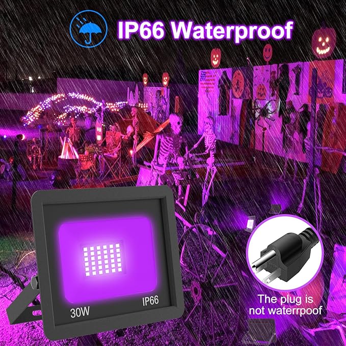 T-SUN 30W LED Black Lights 4 Pack, Blacklight Flood Light with Plug, Outdoor Waterproof Black Flood Lights for Halloween Decoration, Neon Glow for Party Fluorescent Poster, Body Paint