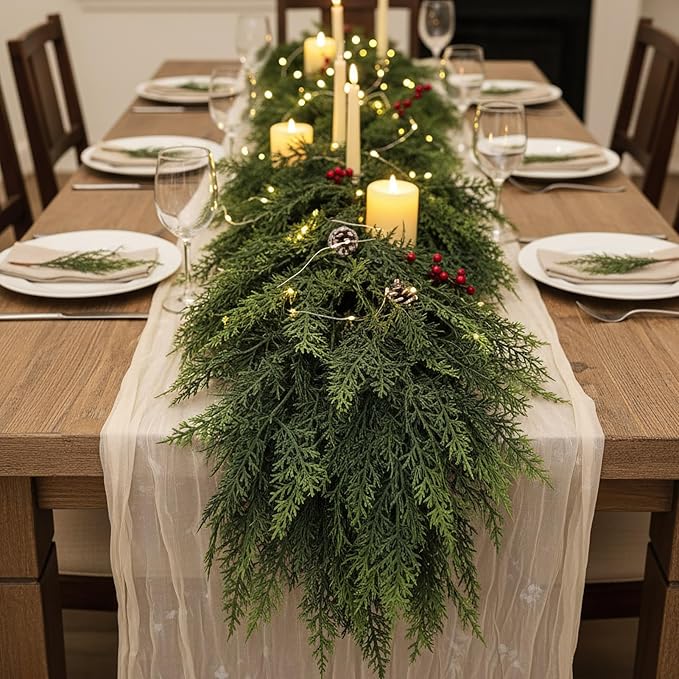 6Ft Real Touch Christmas Cedar Garland, Realistic Full Cedar Garland with Bells Decor, Green Artificial Pine Needles Garlands for Mantel, Fireplace, Stairs Railing, Tables, Christmas Decorations