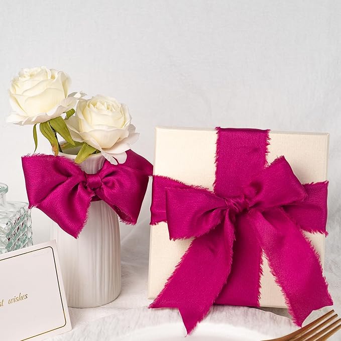 Satin Silk Ribbon, Hot Pink Ribbon for Wrapping, 1-1/2 inch x 15 Yd Handmade Frayed Fringe Ribbons, for Valentine's Day, Wedding Engagement Anniversary Shower Bouquets Invitation, 3 Rolls