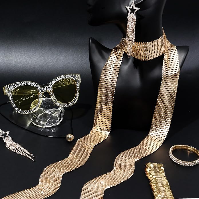 6 Pcs 70s Women Disco Accessories Sequin Scarf Headband Bracelet Necklace Earrings Sunglasses for Halloween Disco Costume