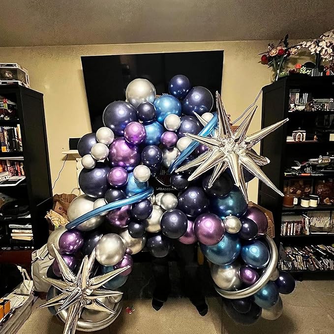 Togvu Outer Space Balloons, 12 Inches Galaxy Blue Purple Balloons with Metallic Black Silver Balloons, Outer Space Party Decorations for Kids Boys Astronaut Space Birthday Party Decoration
