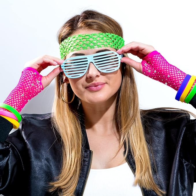 TecUnite 12 Pairs Fishnet Gloves Fingerless Neon Gloves for Women Men 80s Party Costume Accessories Supplies