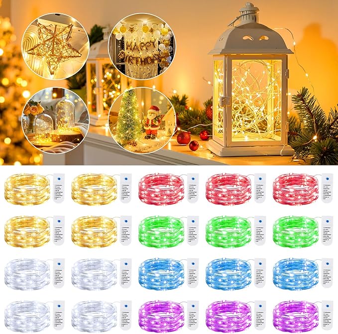 Minetom 20 Pack Fairy Lights Battery Operated String Lights, 8 Modes & Timer, 7ft 20LED 6 Colors Waterproof Silver Wire Twinkle Lights, Firefly Starry Moon Lights for Mason Jars DIY Christmas Wedding