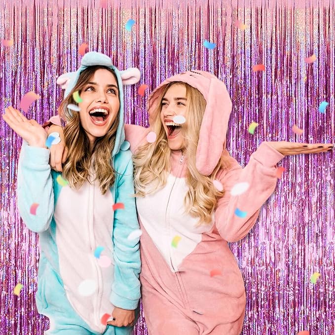 6 Pack Pink Foil Fringe Curtains Backdrop, 3.28 x 8.2 Ft Metallic Streamers Tinsel Curtains Background for Photo Booth, Birthday, Christmas, Halloween, Thanksgiving, New Year Party Decorations